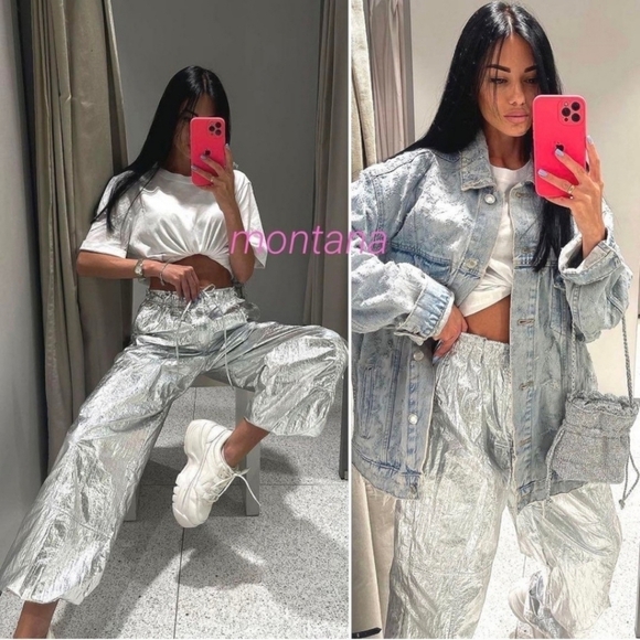 New Zara Shiny Metallic Silver Parachute Mid Rise Pants Trousers 8338/405 NWT XS - Picture 4 of 12